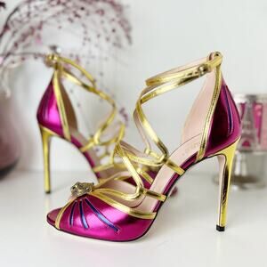 Gucci Tiger Head Metallic Pink Gold Leather Strappy Heels 8.5 NWB Made in Italy